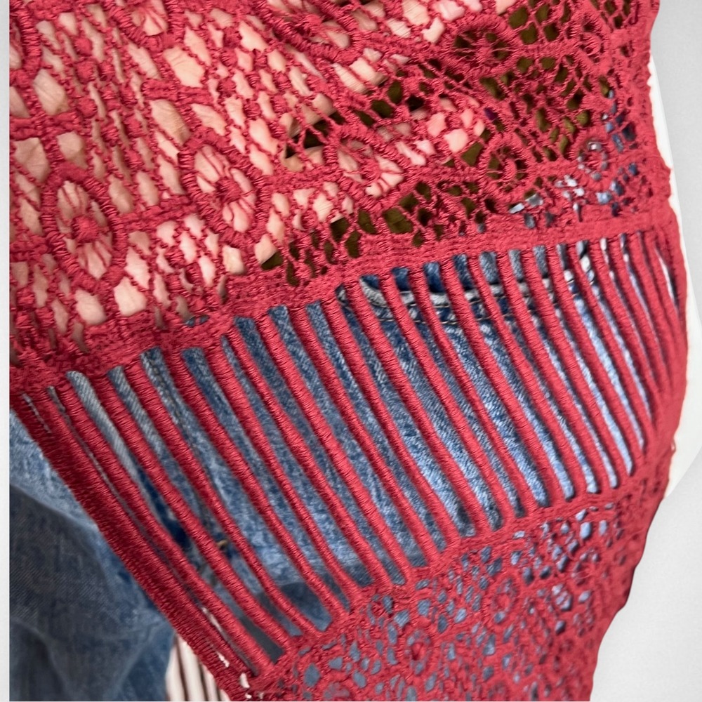 GARAGE Rust Crochet Fringe Duster Vest Boho Open Knit Long Cardigan Festival m/l - Picture 5 of 6
